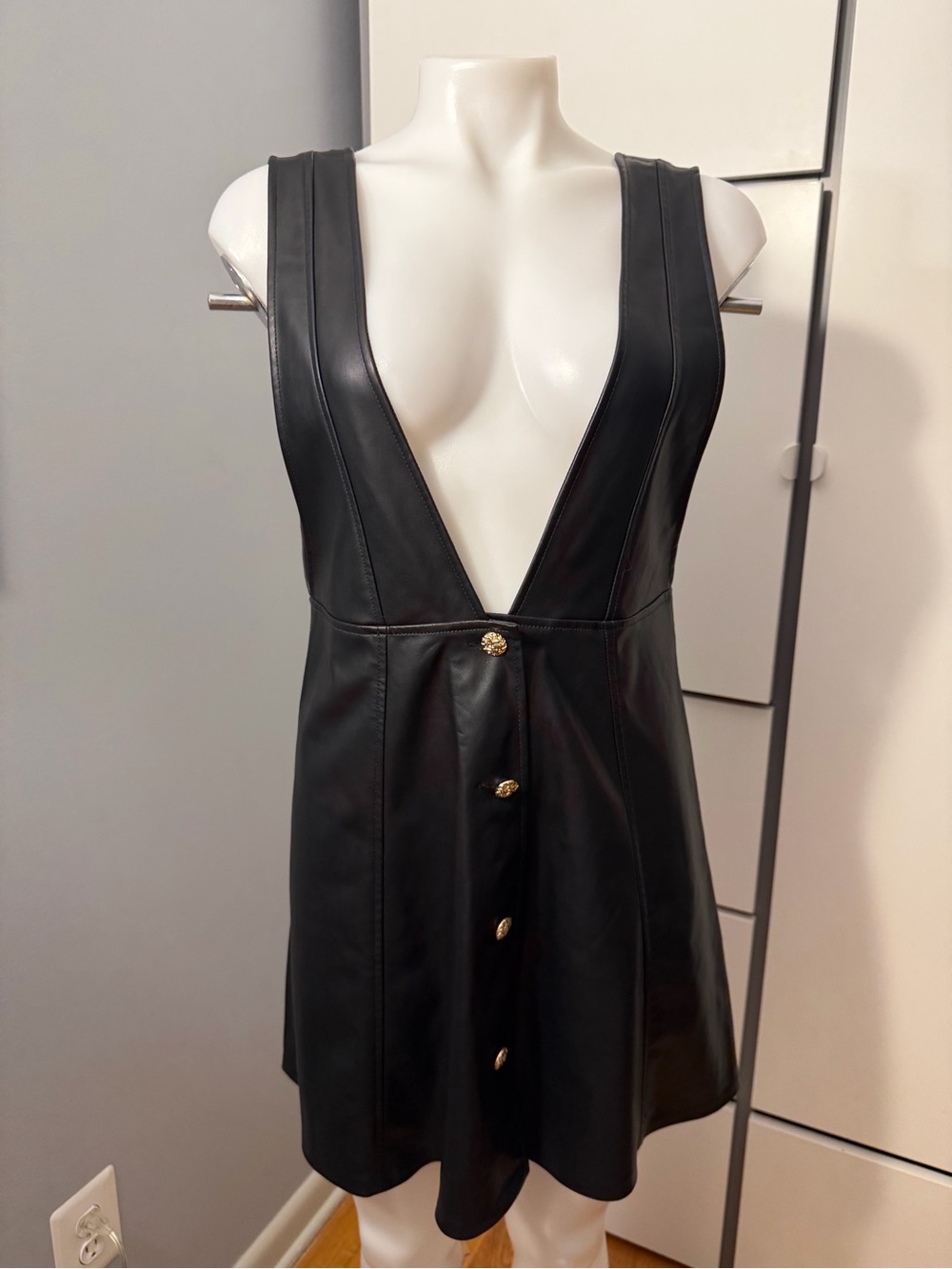 Zara Black Faux Leather Deep V Mini Dress with Gold Buttons